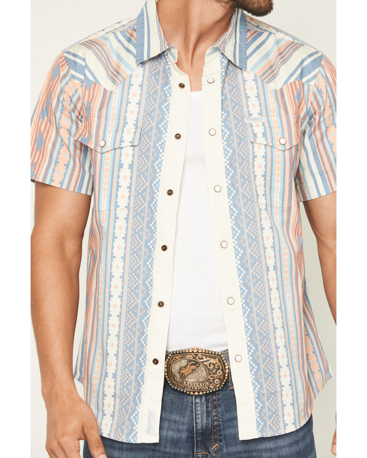 Image #3 - Sendero Provisions Men's Wyatt Serape Striped Short Sleeve Snap Western Shirt, Indigo, hi-res