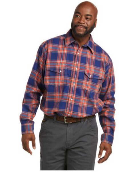 Image #1 - Ariat Men's FR Swenson Plaid Print Long Sleeve Snap Work Shirt , Blue, hi-res