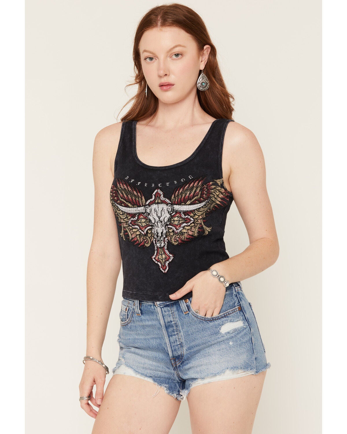 Image #1 - Affliction Women's Longhorn Embellished Sleeveless Tank Top, Black, hi-res