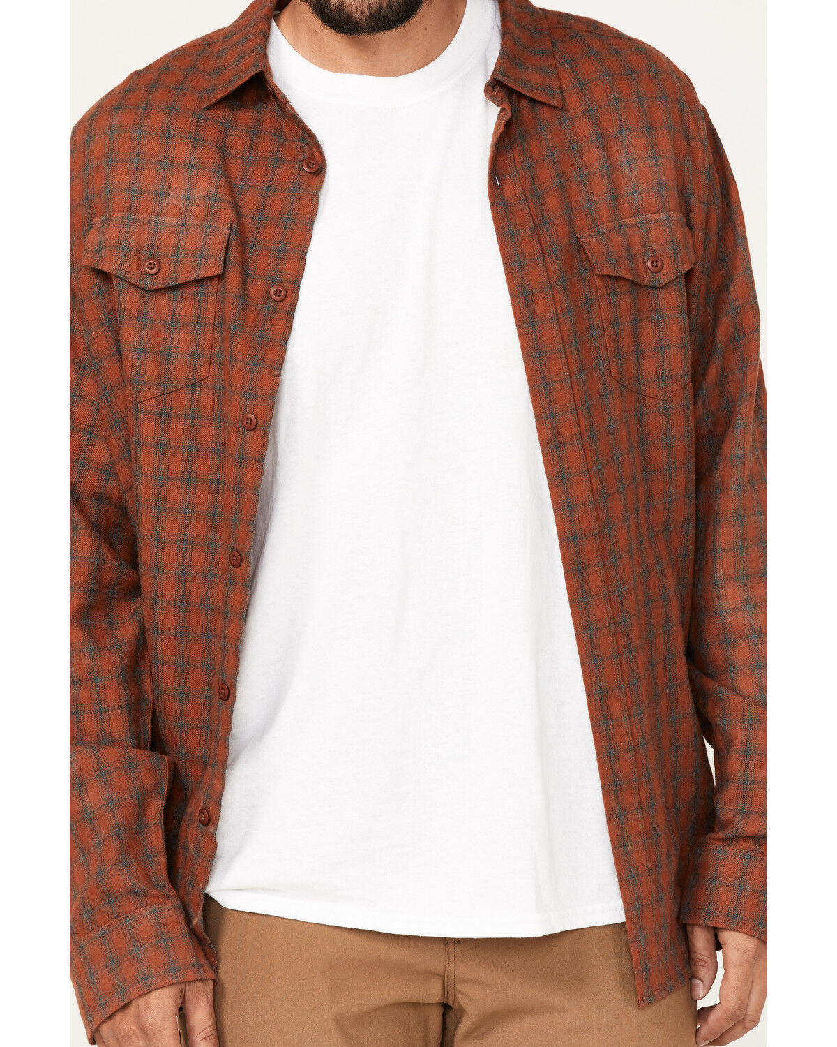 Image #4 - Brothers and Sons Men's Tencel Plaid Long Sleeve Button Down Western Flannel Shirt, Dark Orange, hi-res