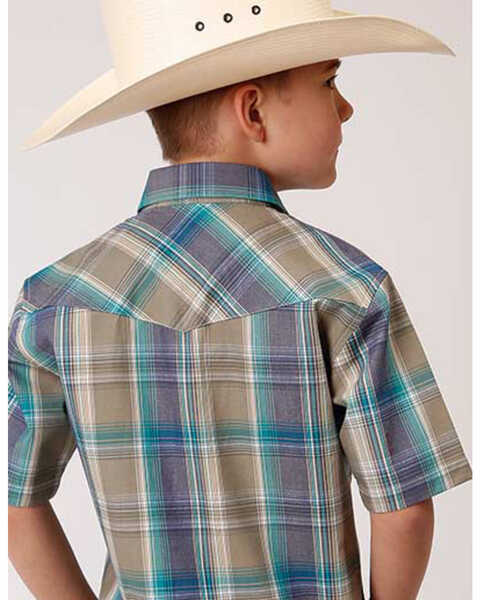 Roper Boys' Wildwood Plaid Short Sleeve Western Snap Shirt , Brown, hi-res