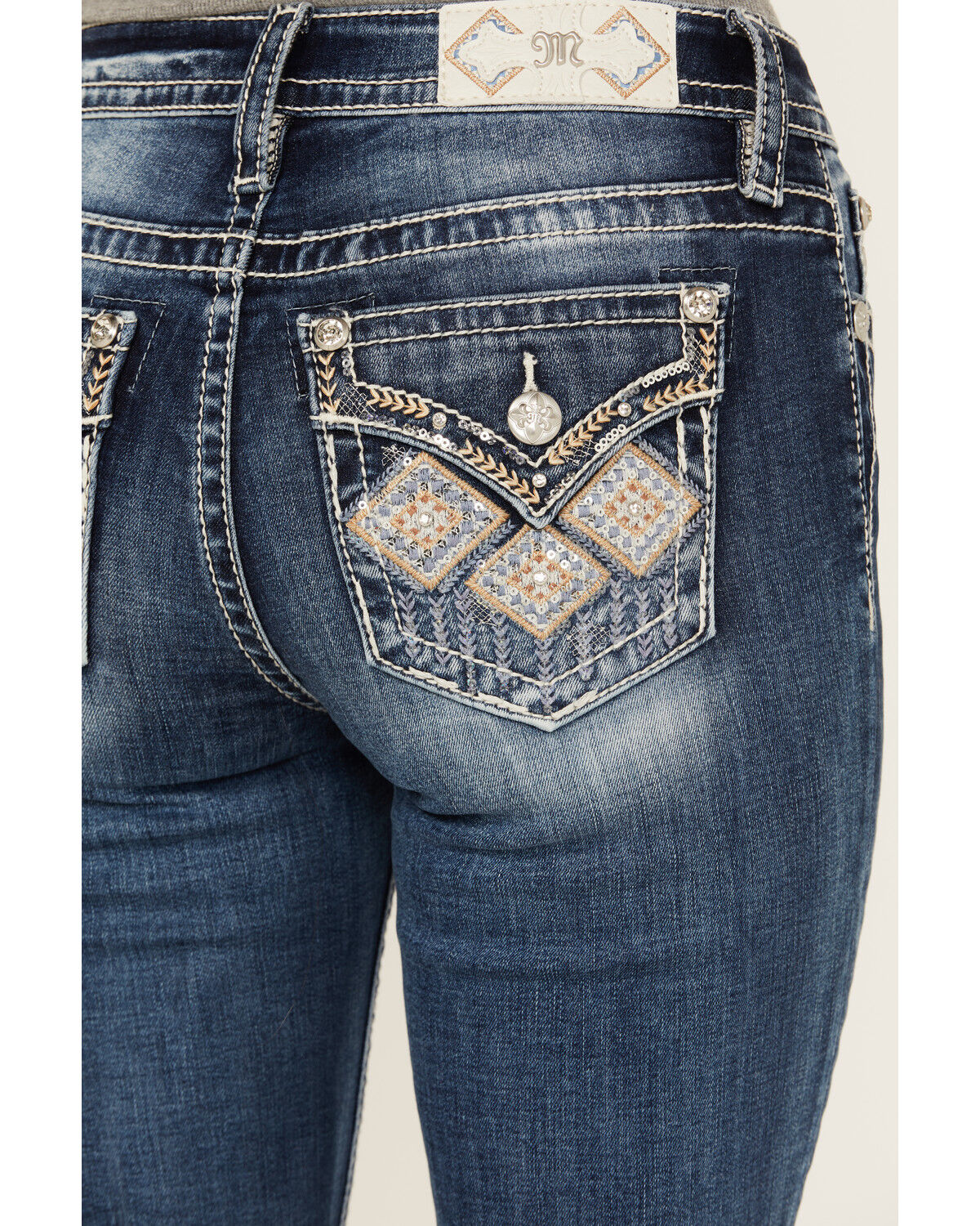 Image #2 - Miss Me Women's Dark Wash Mid Rise Diamond Geo Pocket Stretch Bootcut Jeans, Dark Wash, hi-res