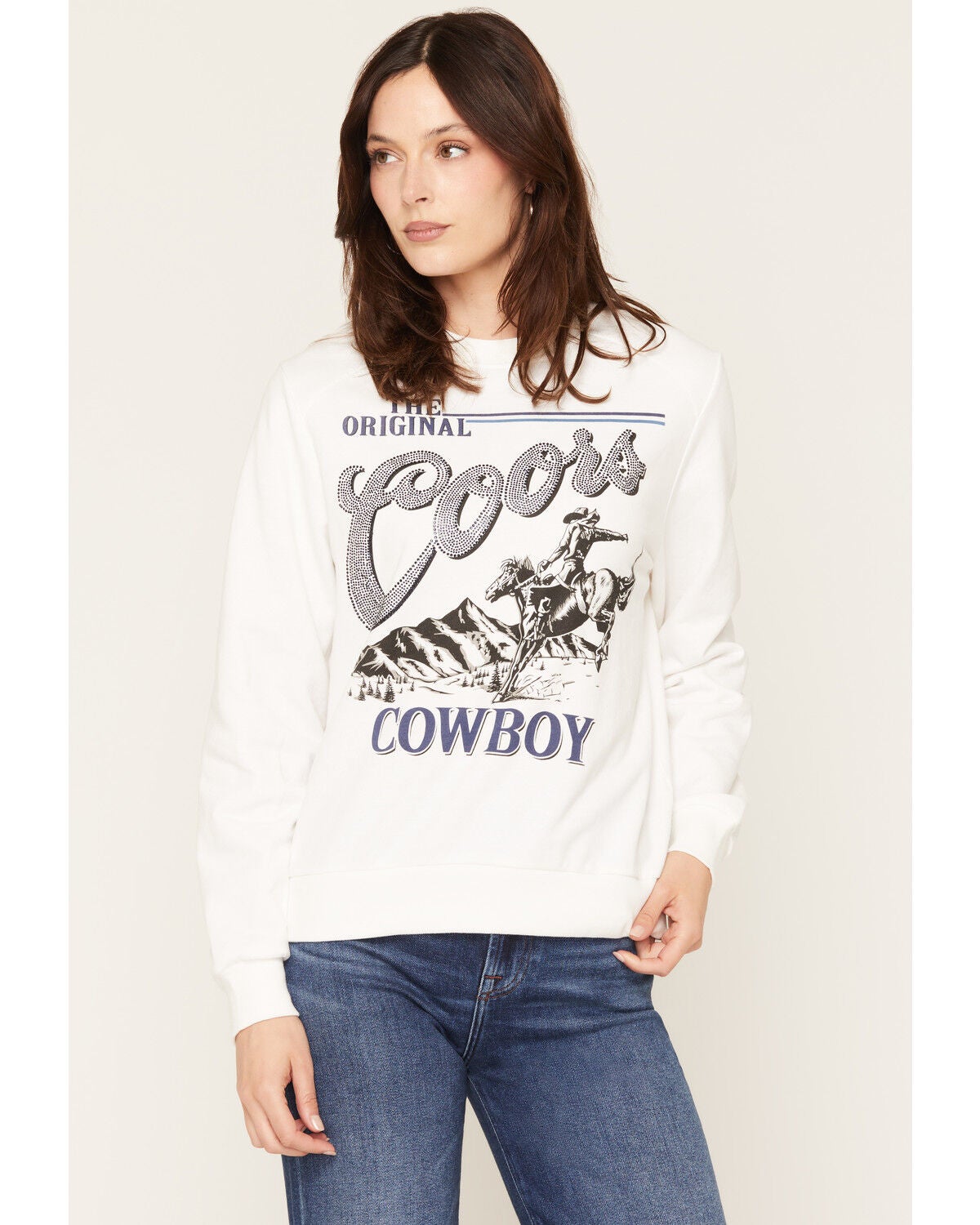 Coors Women's Rhinestone Logo Crew Neck Sweatshirt, White, hi-res