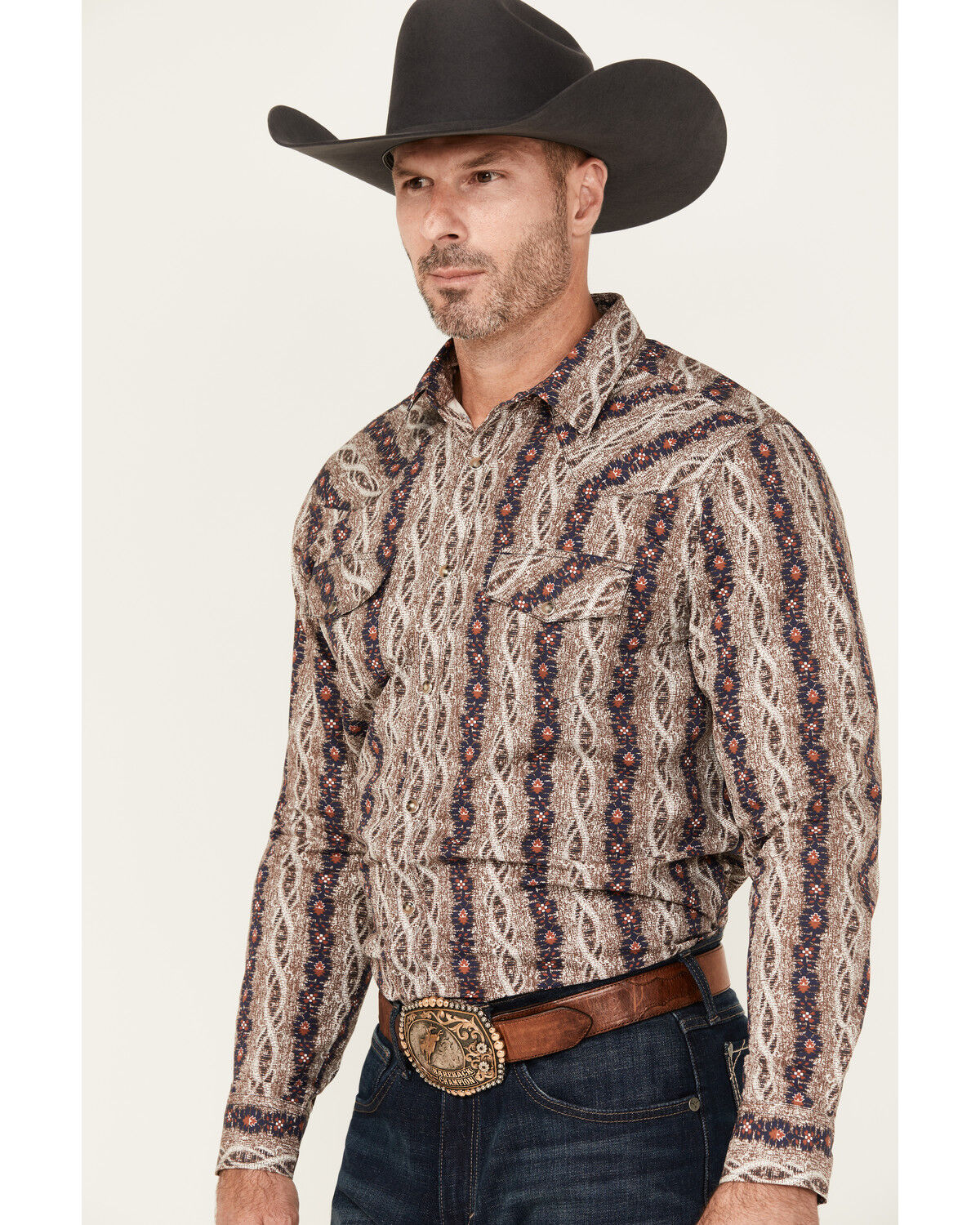 Image #2 - Gibson Trading Co Men's Floral Striped Print Long Sleeve Snap Stretch Western Shirt, Brown, hi-res