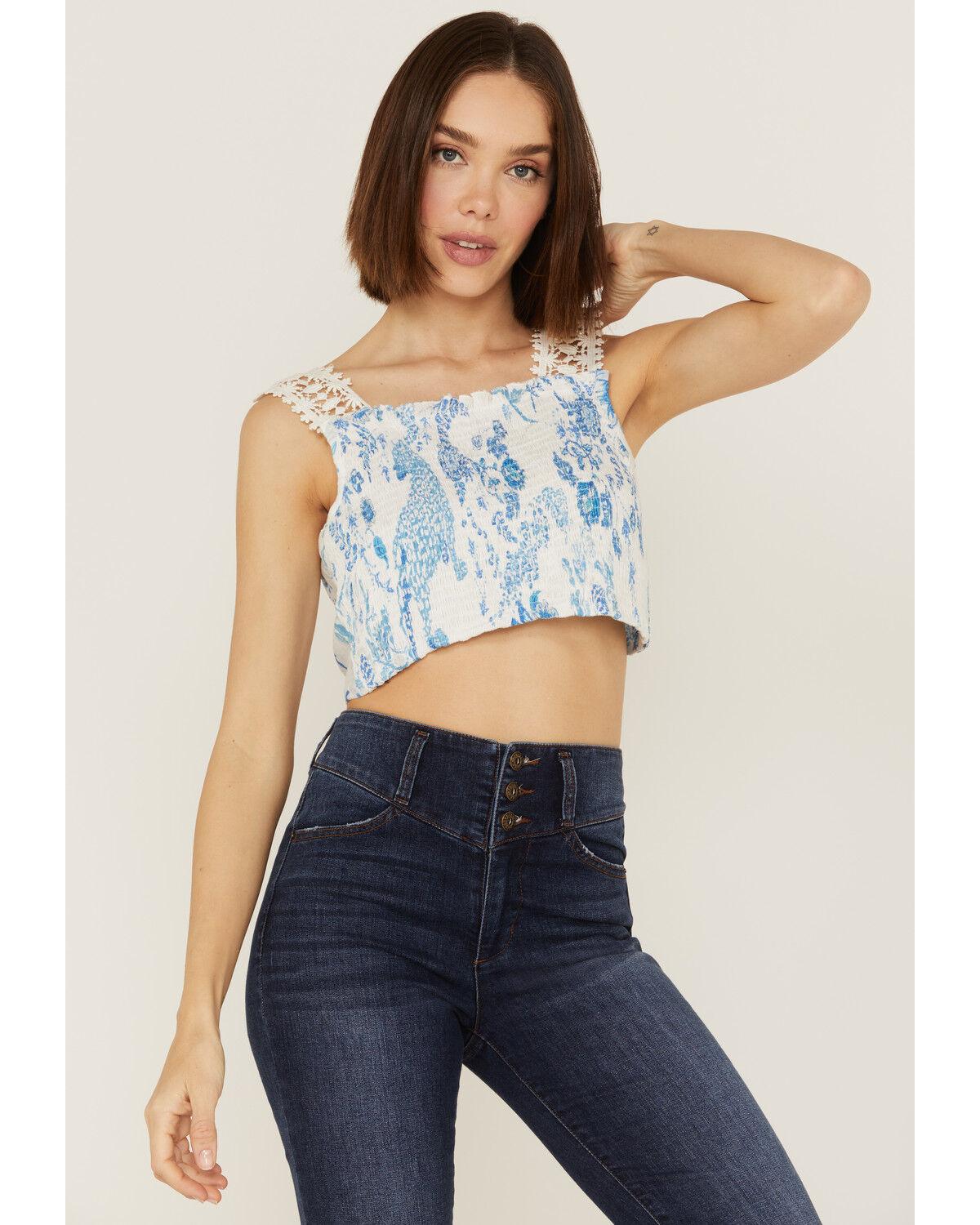 Image #1 - Z&L Women's Delphi Print Smocked Tie Back Sleeveless Crop Top, White, hi-res