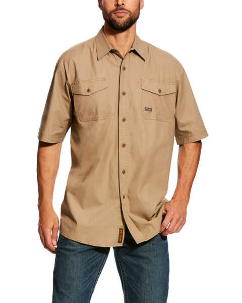 Ariat Men's Khaki Rebar Made Tough Vent Short Sleeve Work Shirt - Tall , Beige/khaki, hi-res