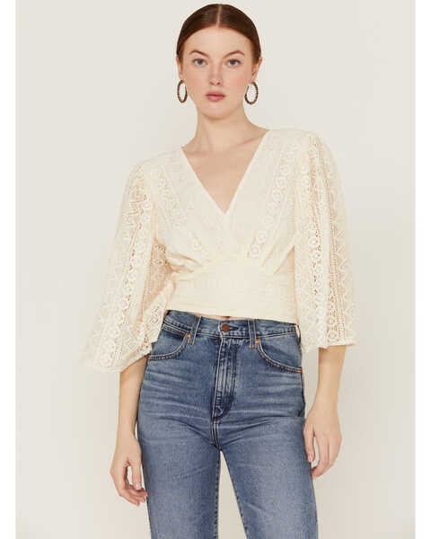 Flying Tomato Women's Woven Ivory Lace Crop Top, Ivory, hi-res