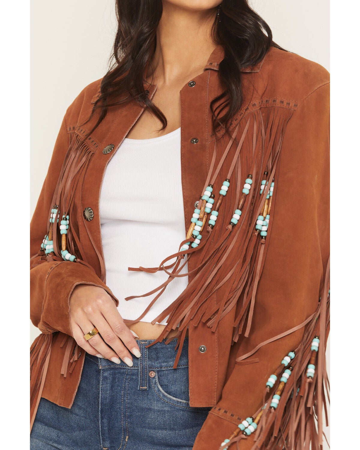 Image #3 - Cripple Creek Women's Amberglow Hand Laced Snap Front Suede Jacket, Brown, hi-res