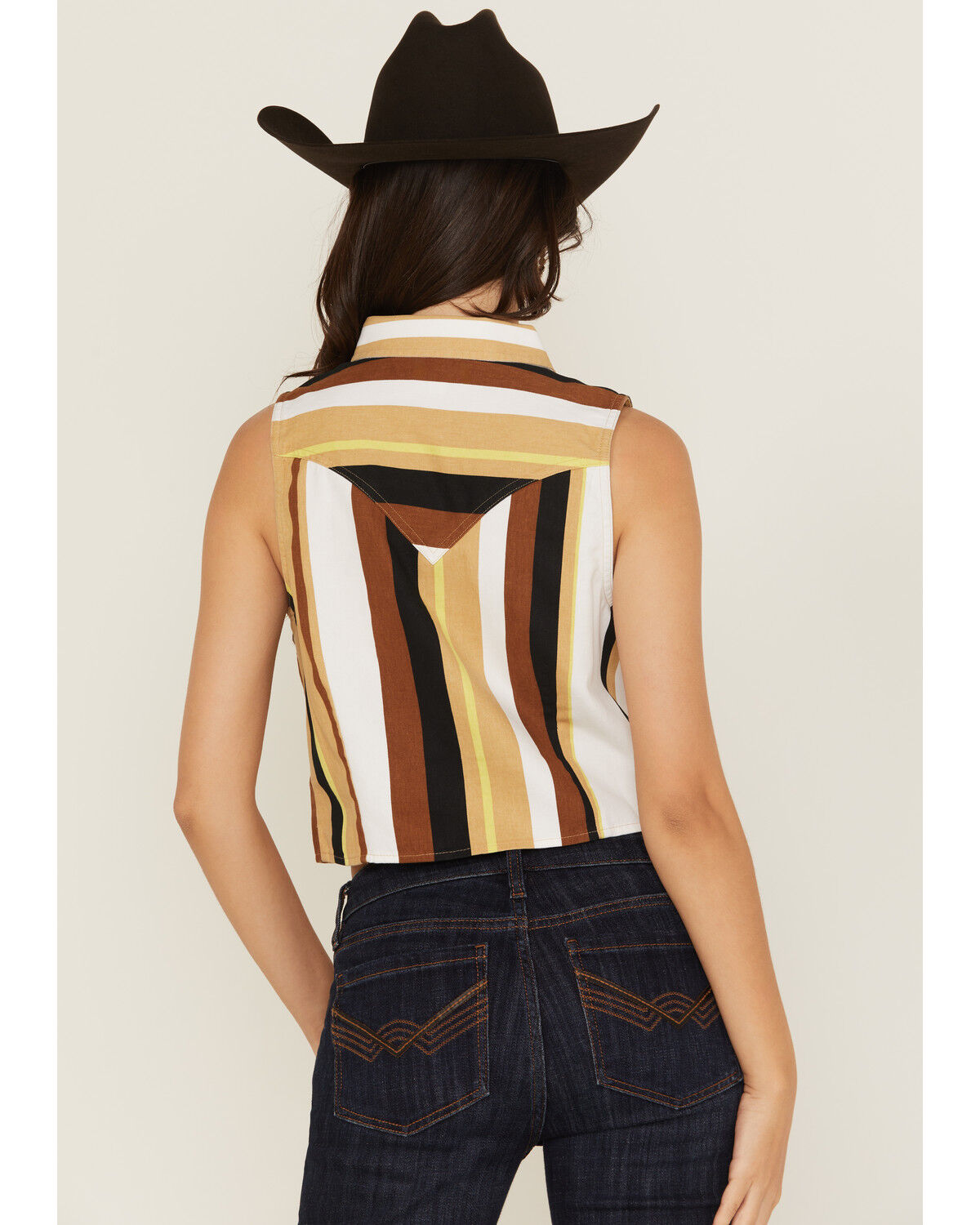 Image #4 - Wrangler Retro Women's Striped Print Sleeveless Snap Cropped Western Shirt, Tan, hi-res