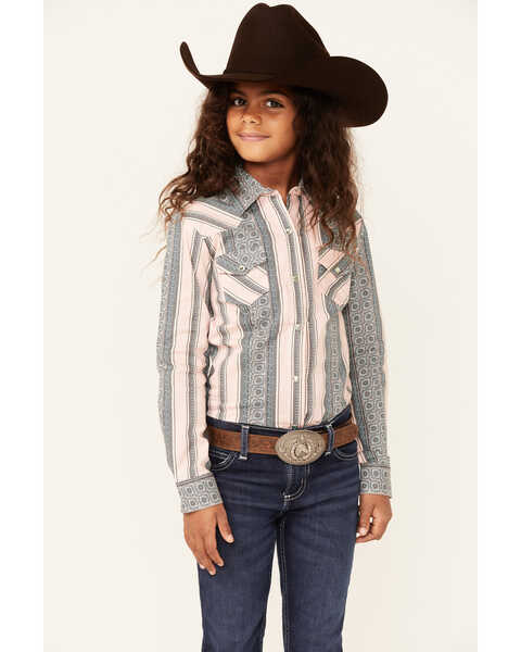 Cruel Girl Girls' Medallion Stripe Long Sleeve Snap Western Shirt , Pink, hi-res