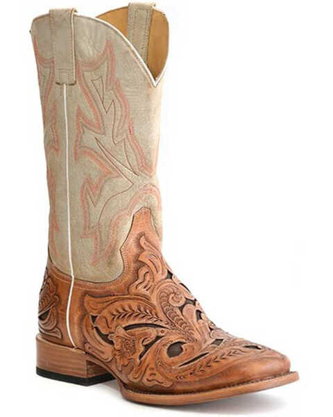 Stetson Men's Wicks Filigree Handtooled Vamp Western Boots - Wide Square Toe , Brown, hi-res