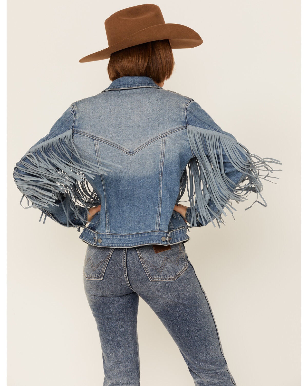 Image #3 - Rock & Roll Denim Women's Light Wash Tonal Suede Fringe Button-Down Denim Jacket , , hi-res