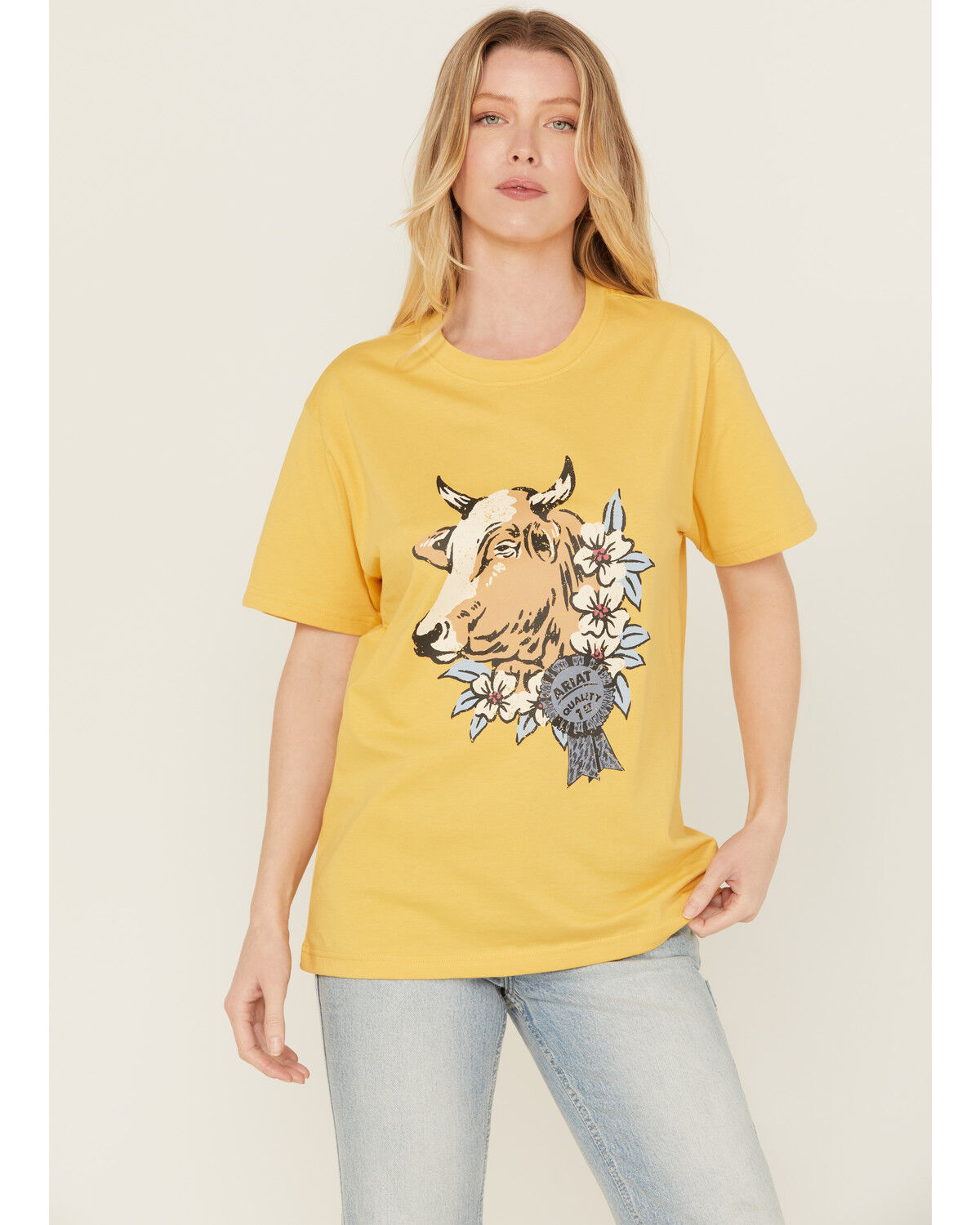 Image #1 - Ariat Women's Cow Short Sleeve Graphic Tee, Yellow, hi-res