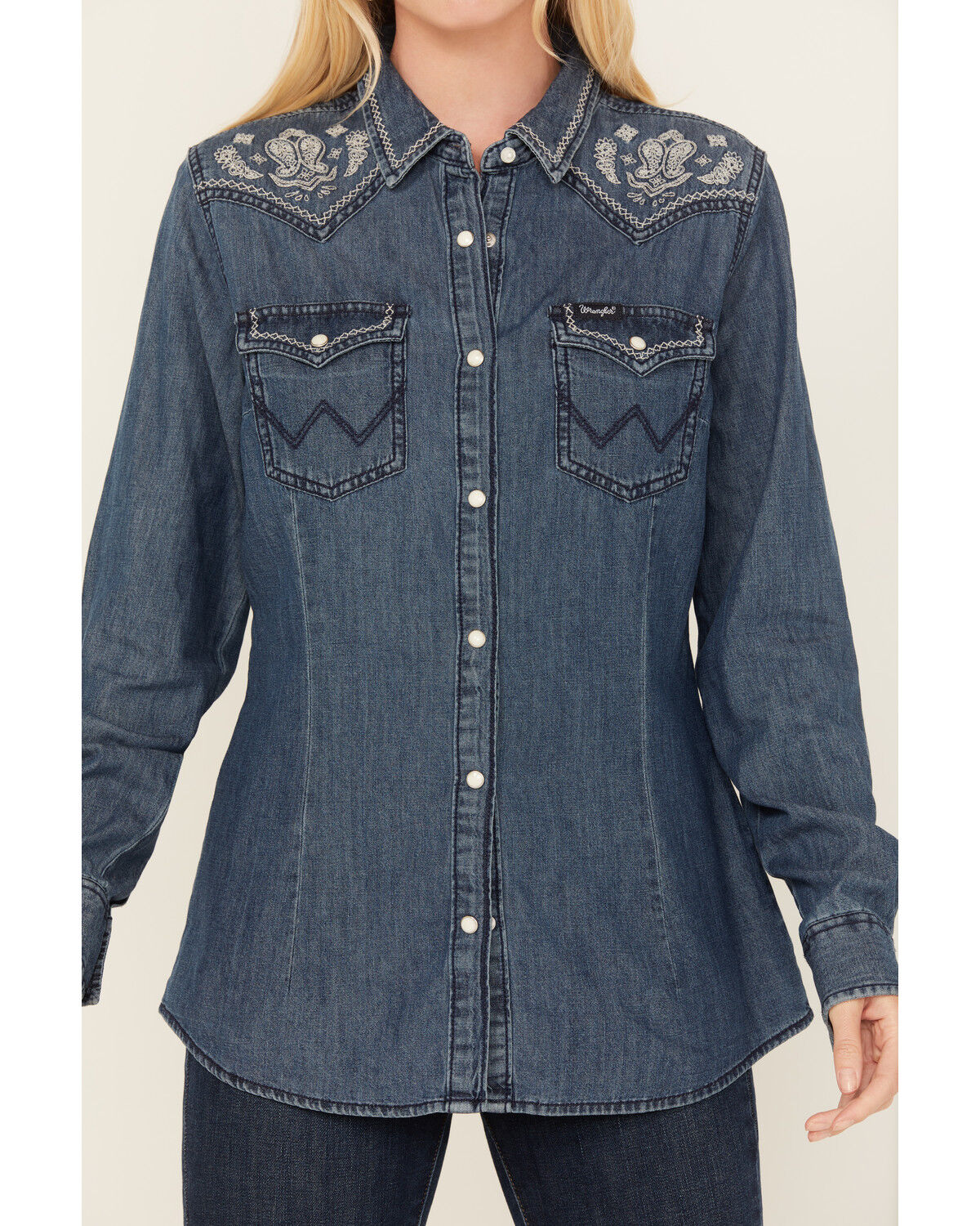 Image #3 - Wrangler Retro Women's Dark Wash Denim Embroidered Long Sleeve Western Shirt, Dark Wash, hi-res