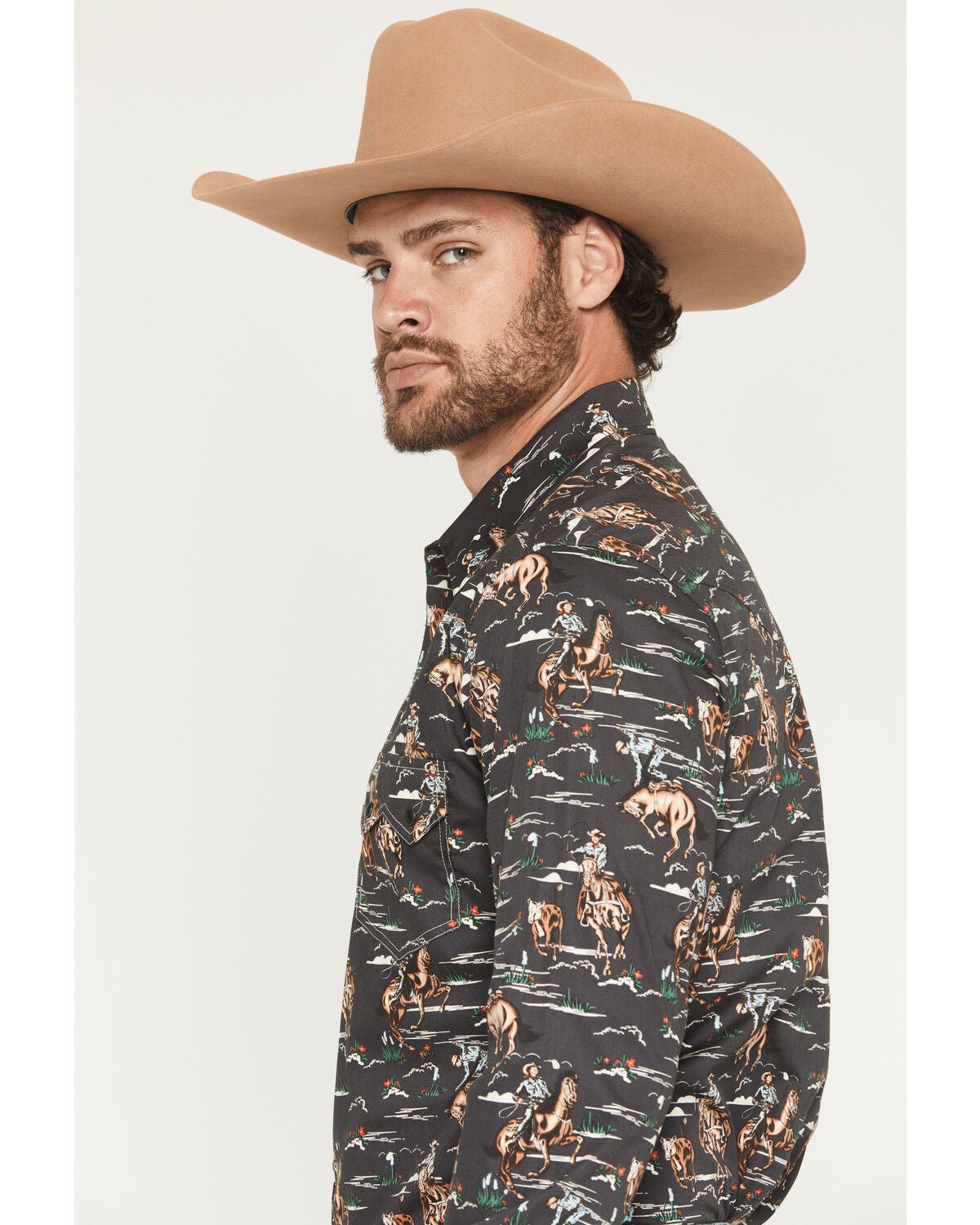 Image #2 - Rock & Roll Denim Men's Vintage Conversational Print Long Sleeve Snap Western Shirt, Charcoal, hi-res
