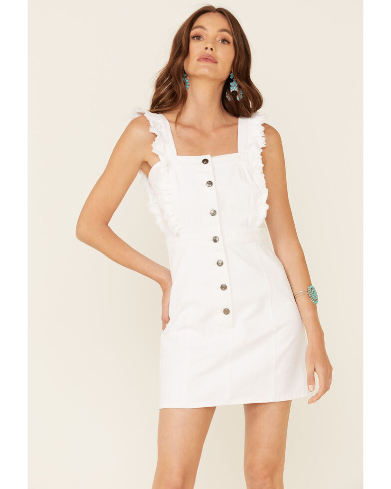 Revel Women's White Fray Edge Ruffled Denim Dress, White, hi-res