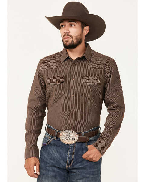 Blue Ranchwear Men's Somerville Herringbone Striped Print Long Sleeve Snap Work Shirt, Dark Brown, hi-res