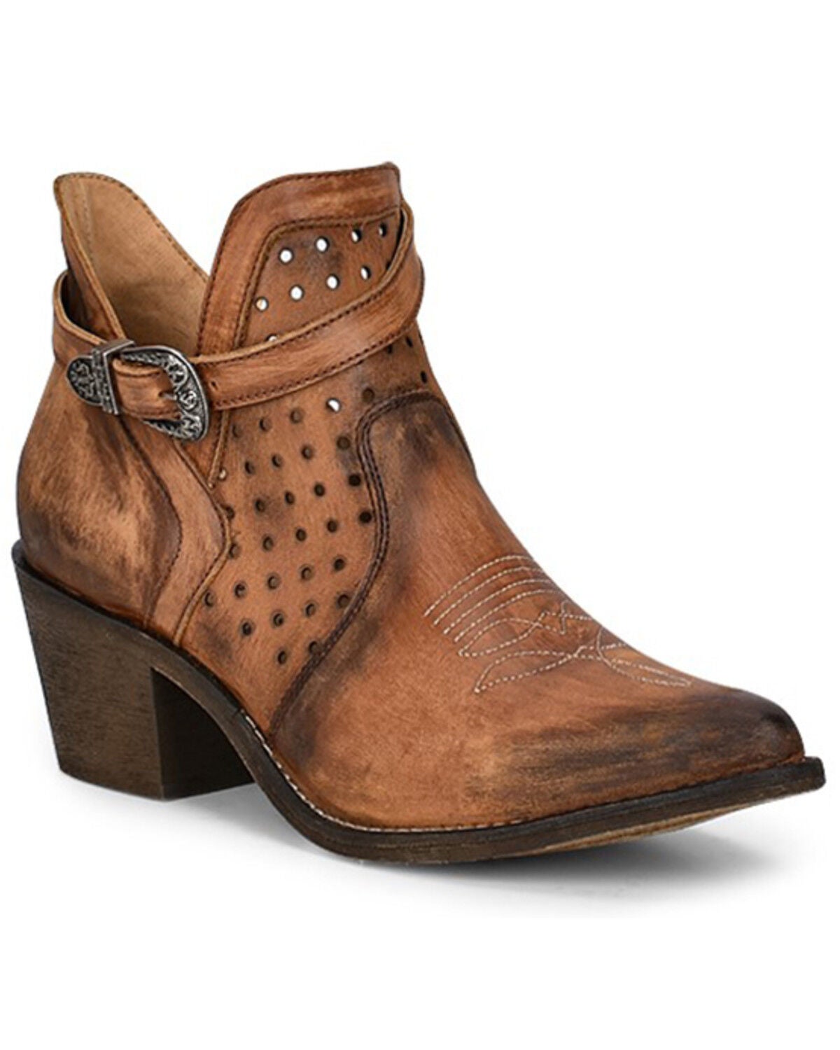 Circle G Women's Cut Out Ankle Strap Western Booties - Round Toe, Brown, hi-res