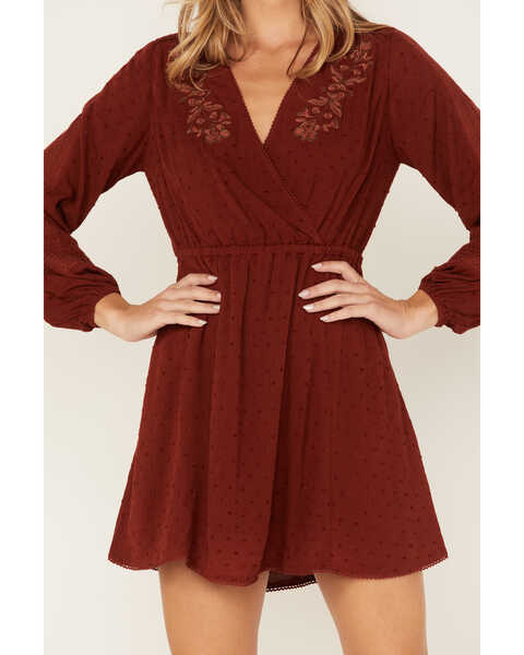 Image #3 - Idyllwind Women's Floral Embroidered Swiss Dot Wrap Dress, Brandy Brown, hi-res