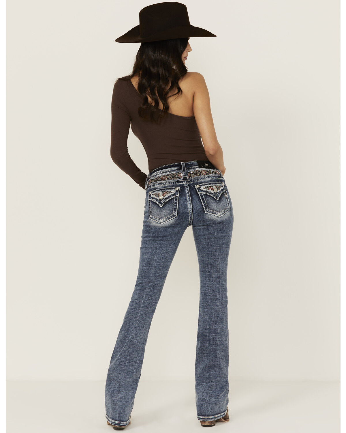 Image #1 - Miss Me Women's Medium Wash Mid Rise Floral Yoke Bootcut Stretch Denim Jeans, Medium Wash, hi-res