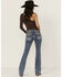 Image #1 - Miss Me Women's Medium Wash Mid Rise Floral Yoke Bootcut Stretch Denim Jeans, Medium Wash, hi-res
