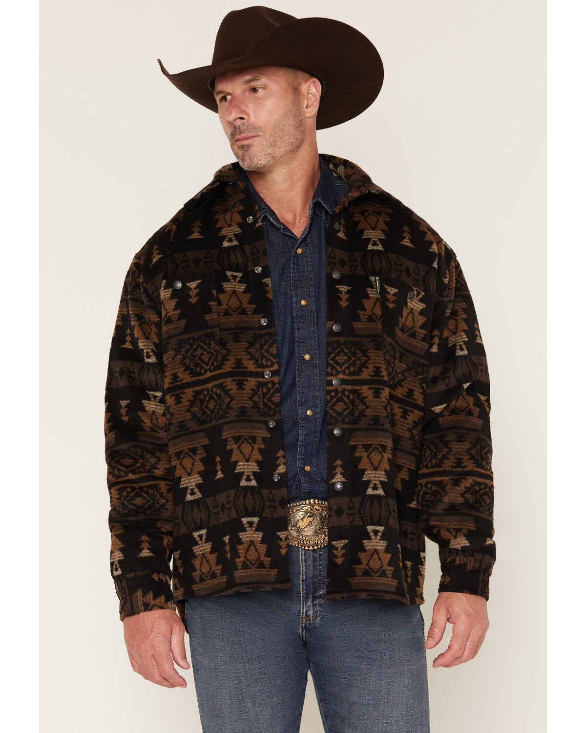 Outback Trading Co Men's Hudson Southwestern Print Snap Shirt Jacket, Dark Brown, hi-res