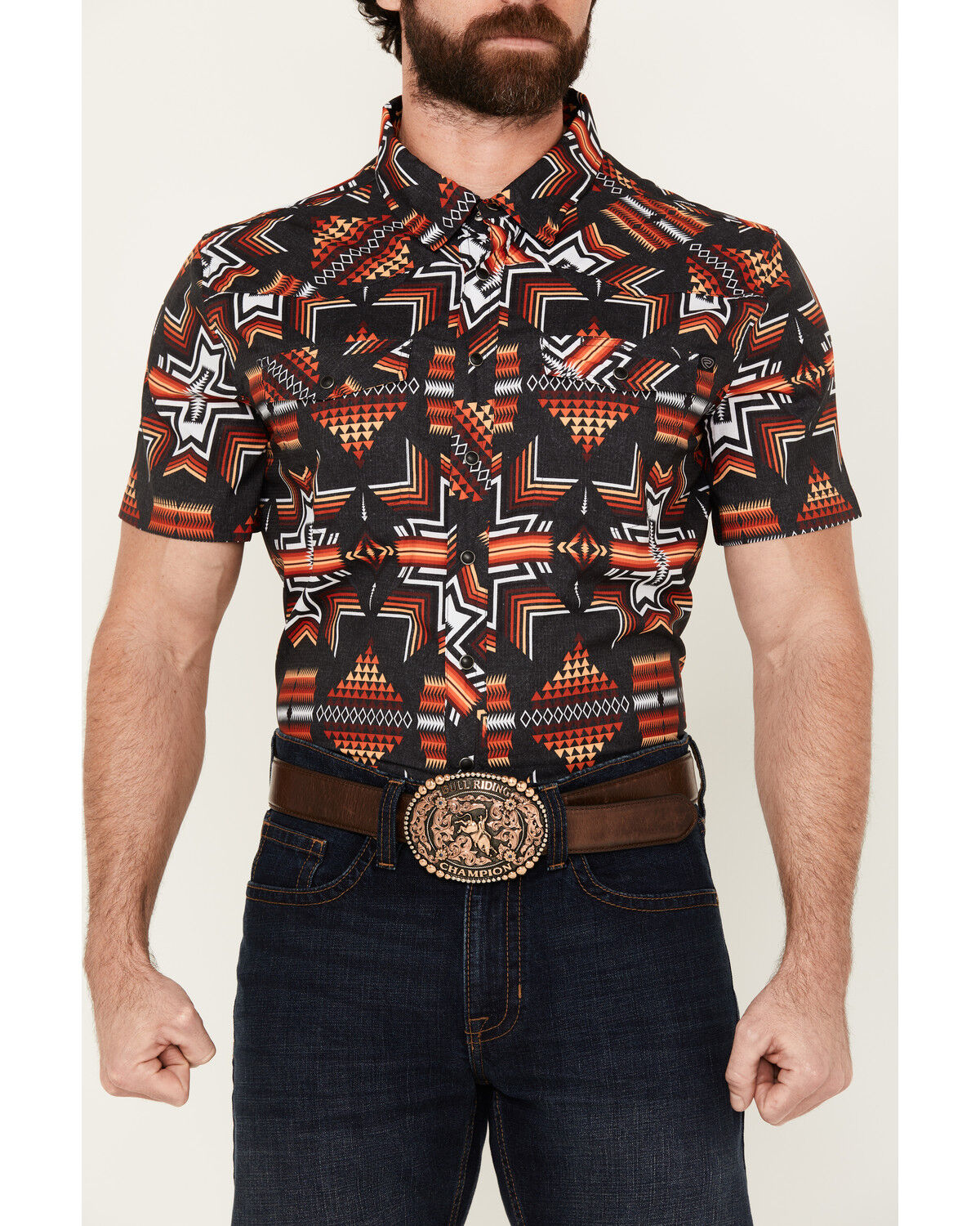 Image #3 - Rock & Roll Denim Men's Southwestern Short Sleeve Snap Western Shirt, Black, hi-res