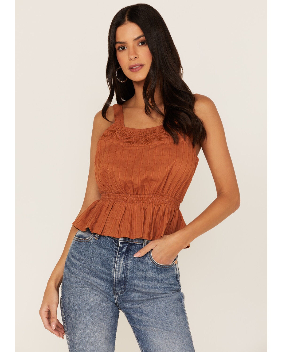 Shyanne Women's Swiss Dot Embroidered Smocked Waist Tank Top, Brown, hi-res
