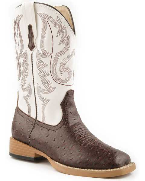 Roper Boys' Faux Ostrich Print Western Boots - Square Toe, Brown, hi-res
