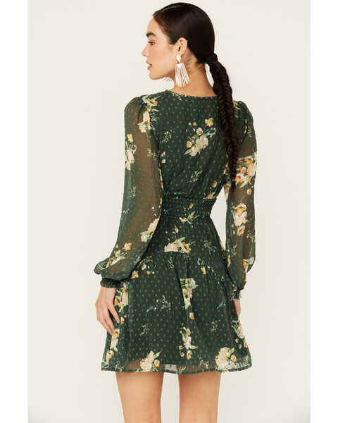 Image #4 - Jolt Women's Long Sleeve Floral Chiffon Wrap Tier Dress, Green, hi-res