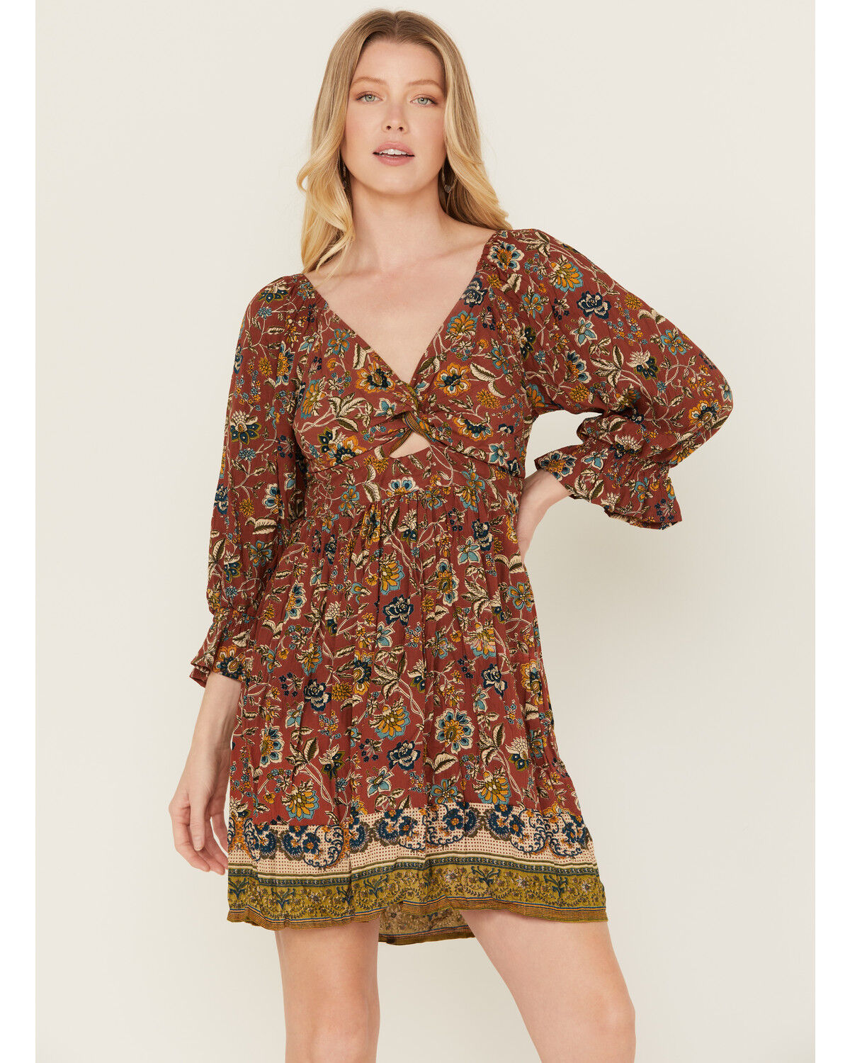 Image #1 - Angie Women's Floral Print Long Sleeve Mini Dress, Red, hi-res