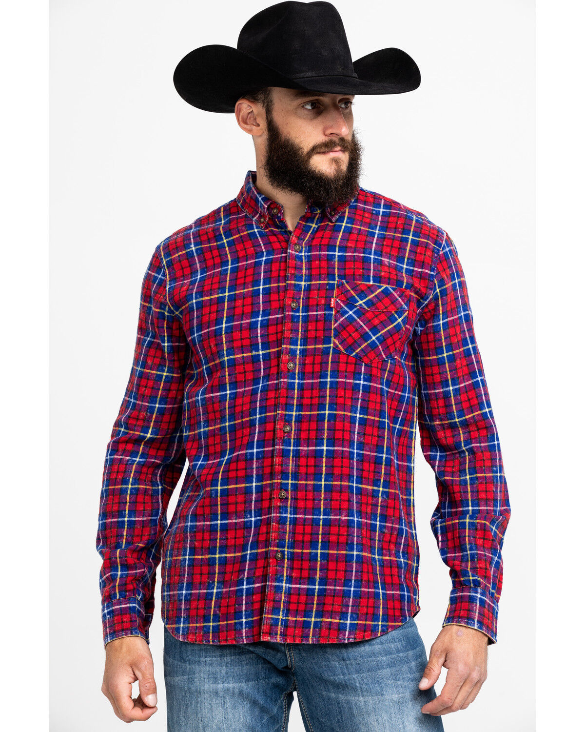 Image #1 - Levi's Men's Red Mondy Plaid Long Sleeve Western Flannel Shirt, Red, hi-res