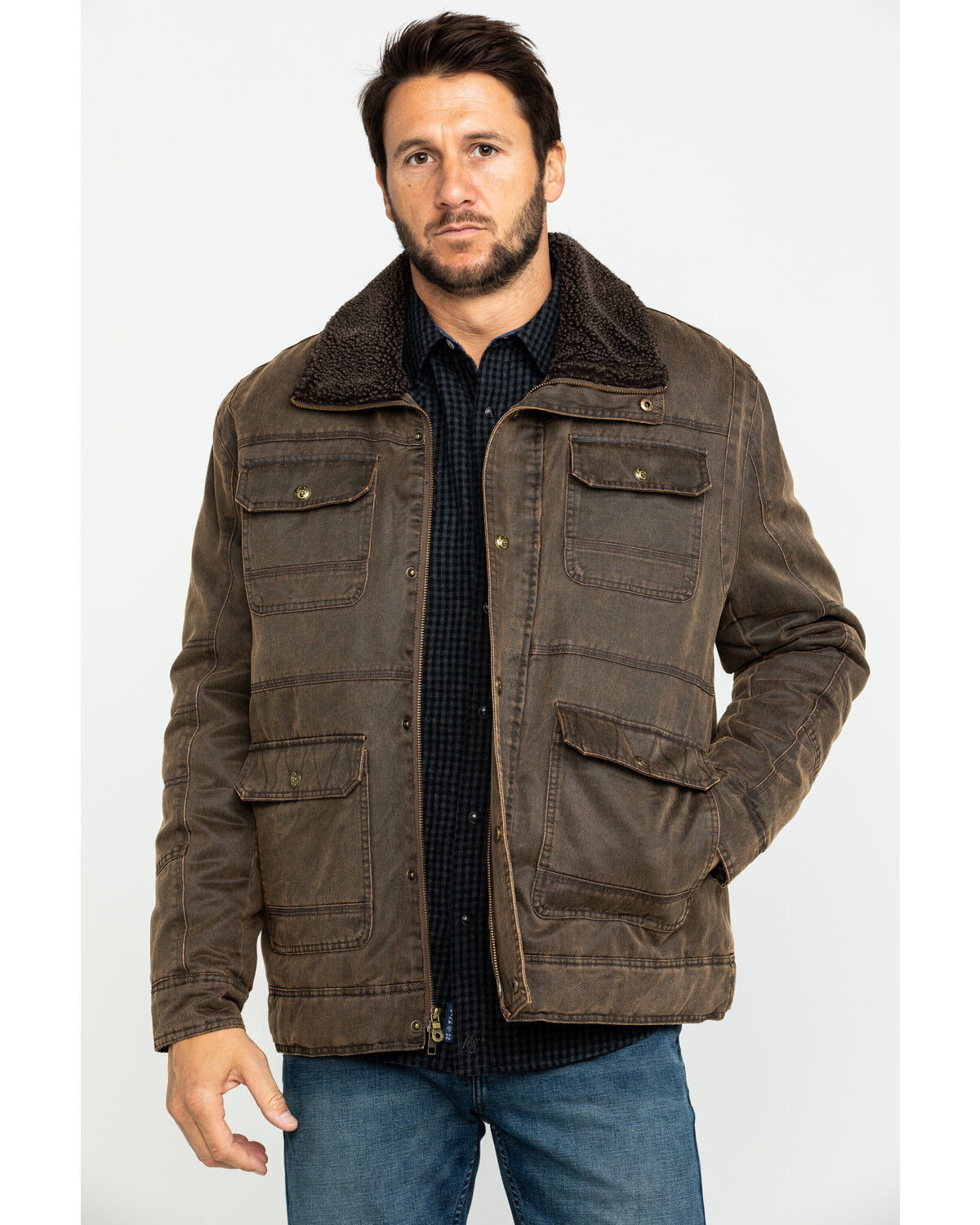 Image #1 - Cripple Creek Men's Enzyme Washed Storm Flap Sherpa Jacket, Chocolate, hi-res