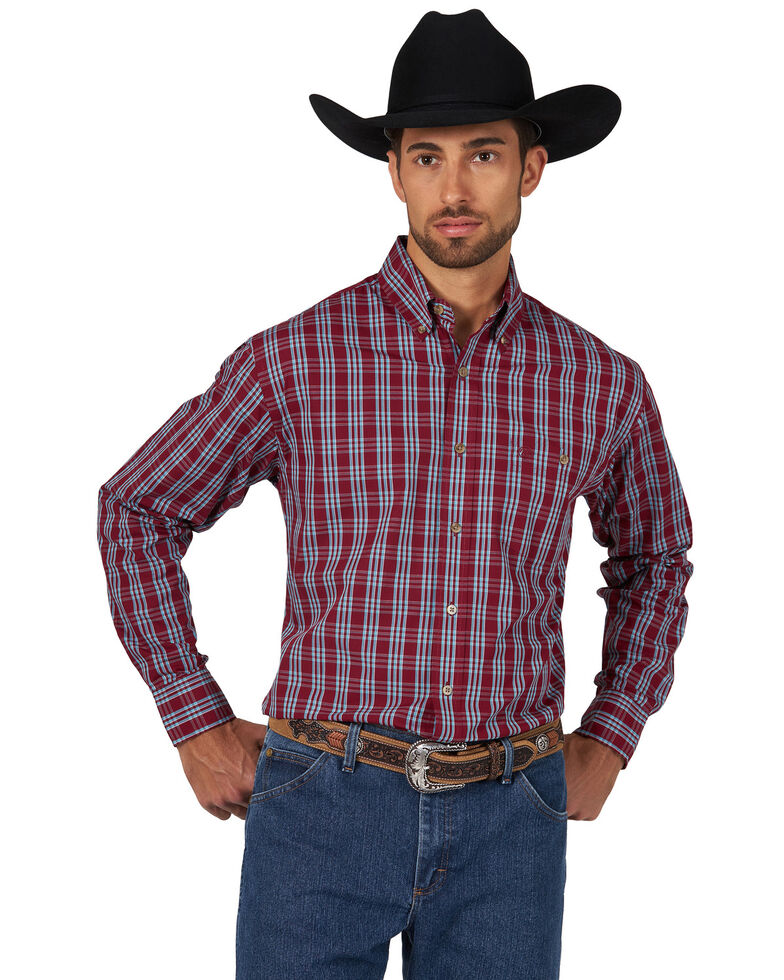 Wrangler Men's Classic Check Plaid Long Sleeve Western Shirt , Burgundy, hi-res