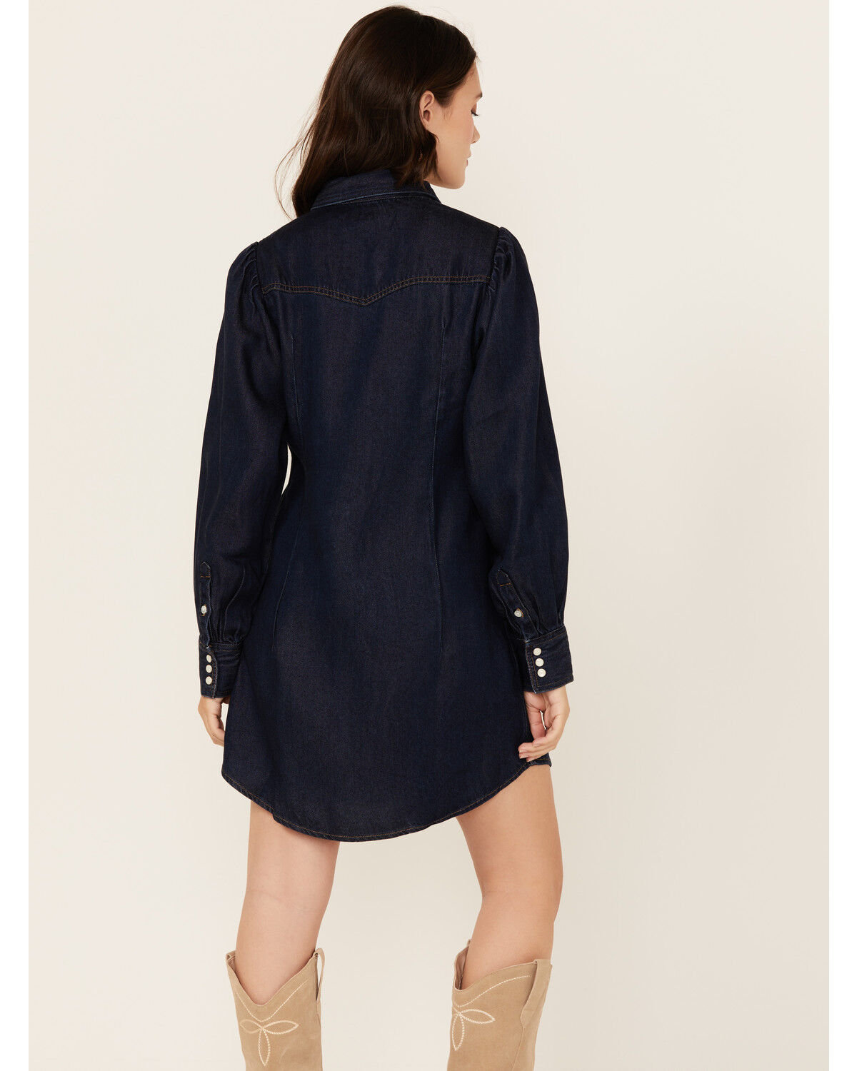 Image #4 - Wrangler Women's Dark Wash Denim Balloon Sleeve Shirt Mini Dress, Dark Wash, hi-res