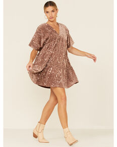 Wishlist Women's Short Sleeve Babydoll Sequin Dress, Mauve, hi-res