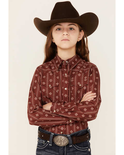 Roper Girls' Geo Print Long Sleeve Pearl Snap Western Shirt, Red, hi-res
