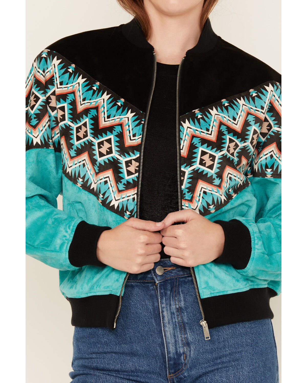 Image #3 - Rock & Roll Denim Women's Southwestern Print Faux Suede Bomber Jacket, Turquoise, hi-res