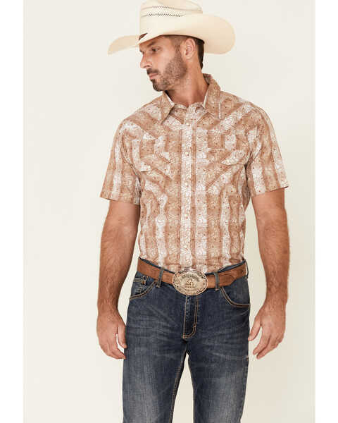 Cowboy Hardware Men's Paisley Striped Print Short Sleeve Snap Western Shirt , Tan, hi-res