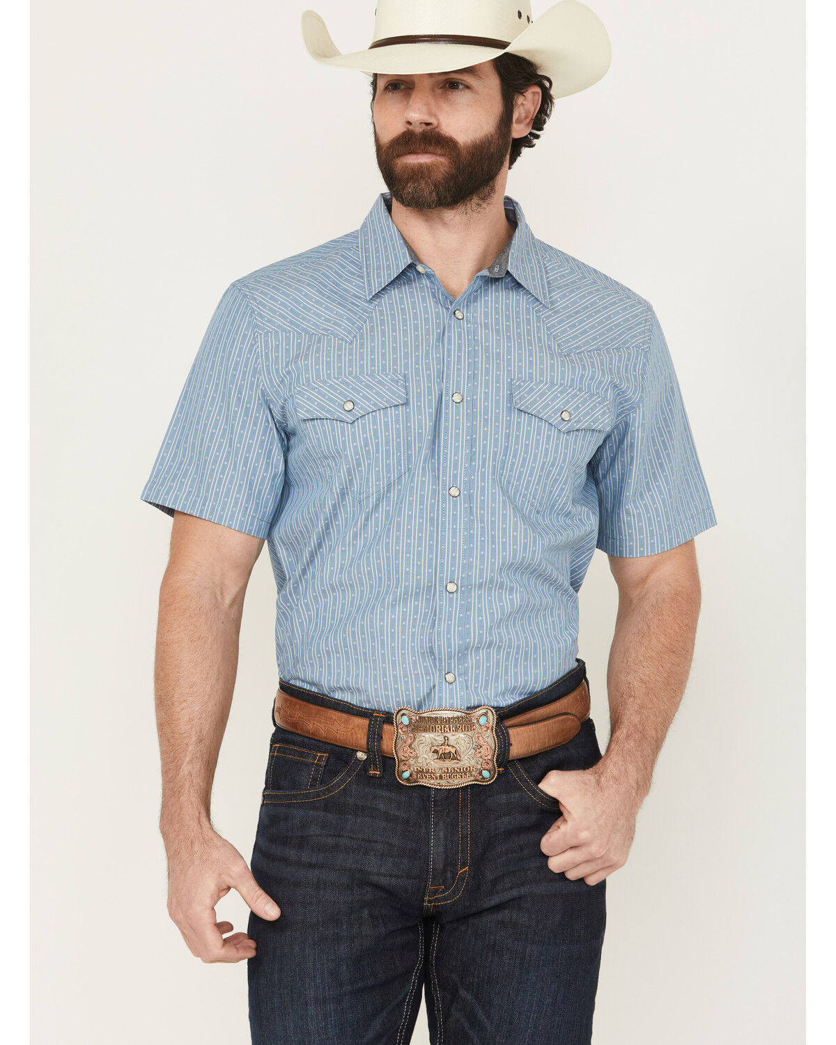 Image #1 - Cody James Men's Cowboy Way Striped Print Short Sleeve Snap Western Shirt, Light Blue, hi-res