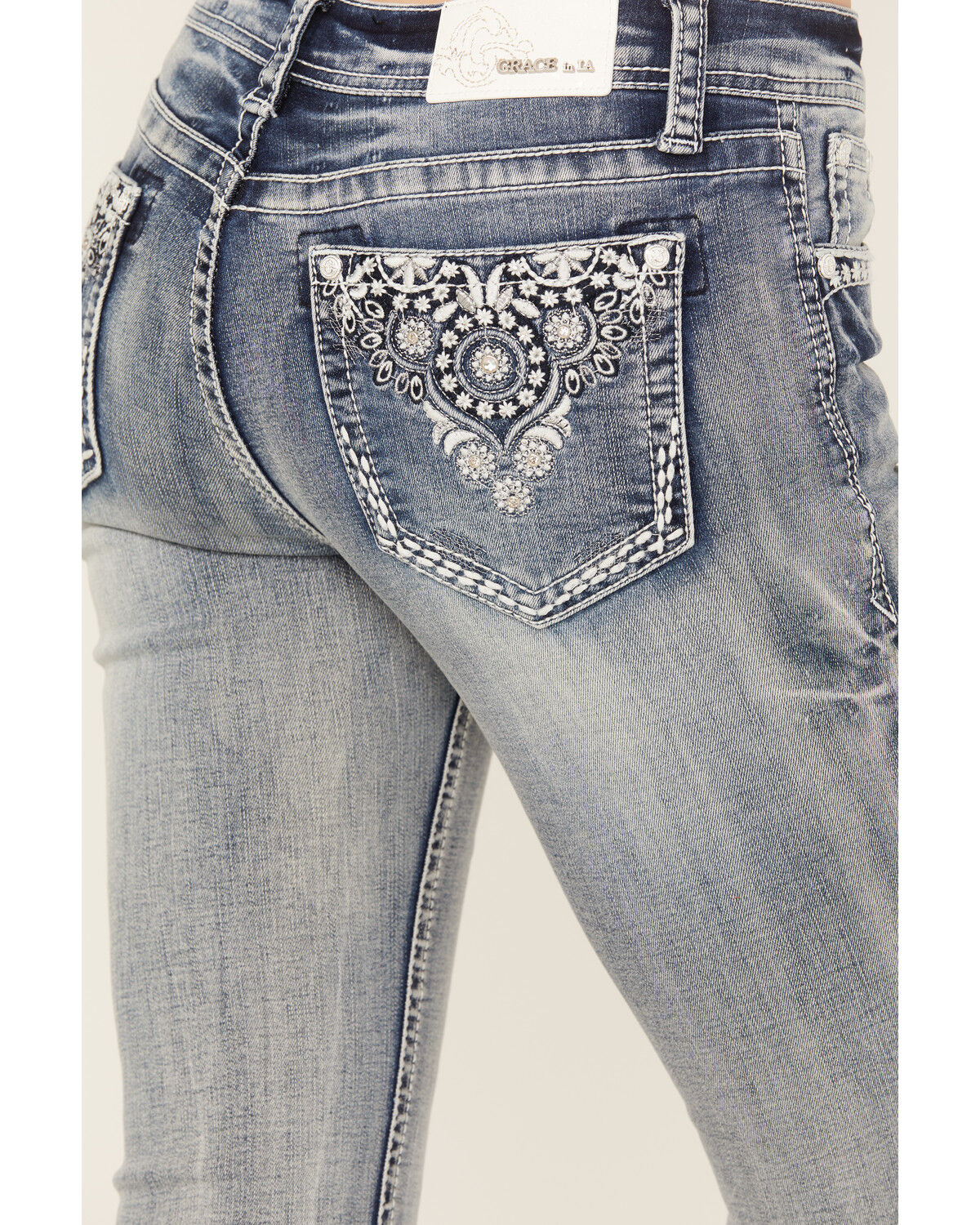 Image #2 - Grace in LA Women's Light Wash Mid Rise Floral Motif Pocket Bootcut Jeans, , hi-res