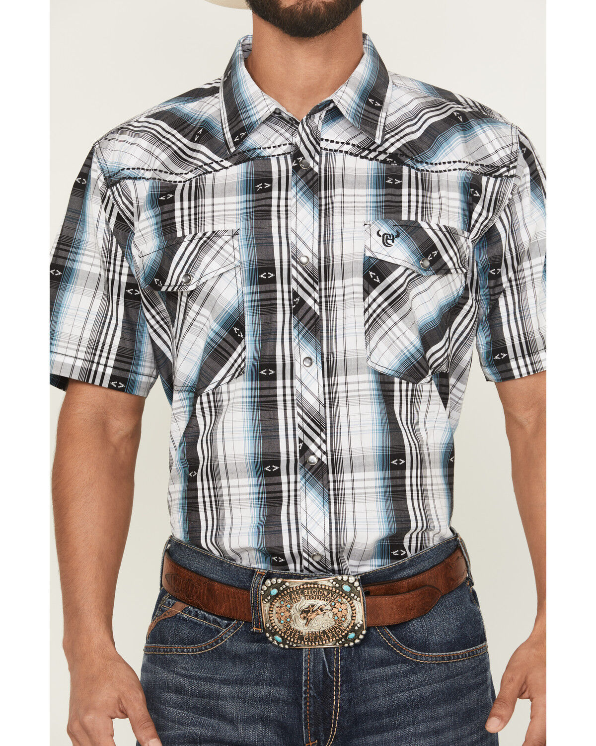 Image #3 - Cowboy Hardware Men's Plaid Print Short Sleeve Snap Western Shirt, White, hi-res