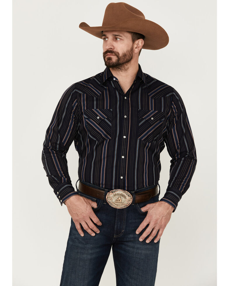 Ely Walker Men's Vertical Stripe Long Sleeve Snap Western Shirt , Navy, hi-res