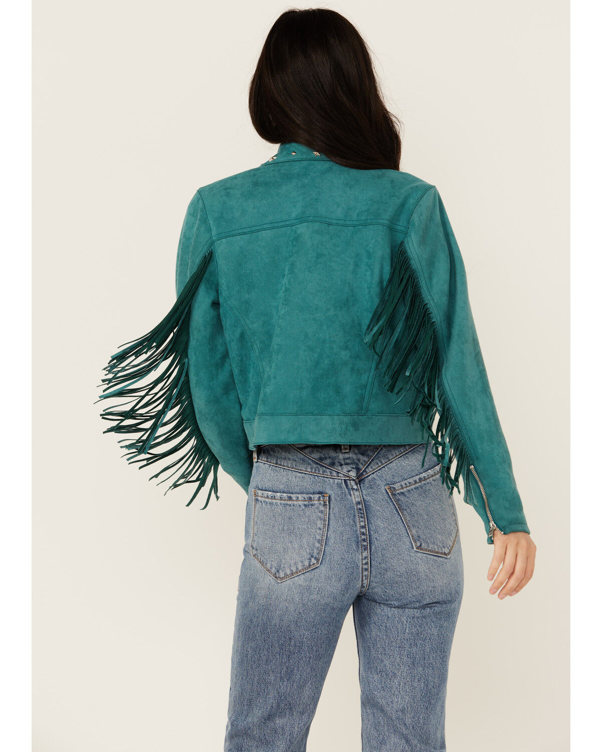 Image #4 - Rock & Roll Denim Women's Faux Suede Moto Fringe Jacket, Teal, hi-res