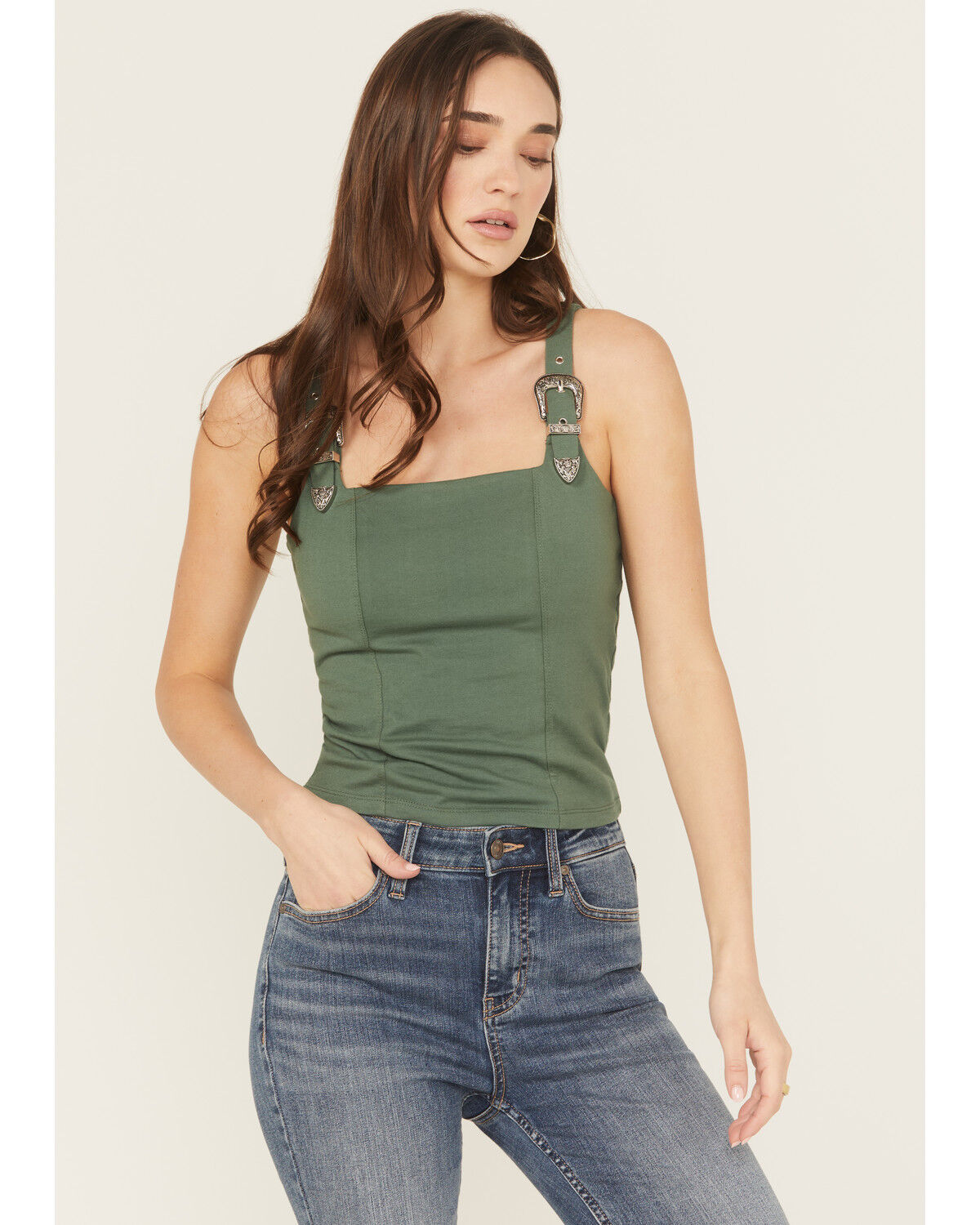 Image #1 - Rock & Roll Denim Women's Square Neck Buckle Tank, Dark Green, hi-res