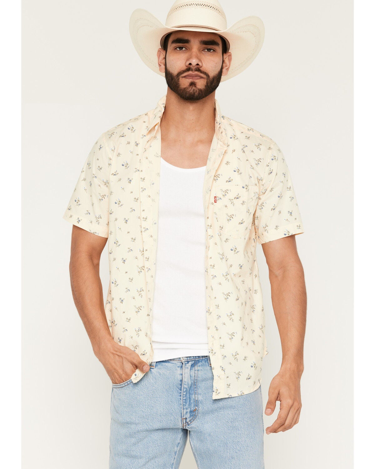 Image #1 - Levi's Men's Terry Ditsy Floral Print Short Sleeve Button-Down Stretch Western Shirt, Yellow, hi-res