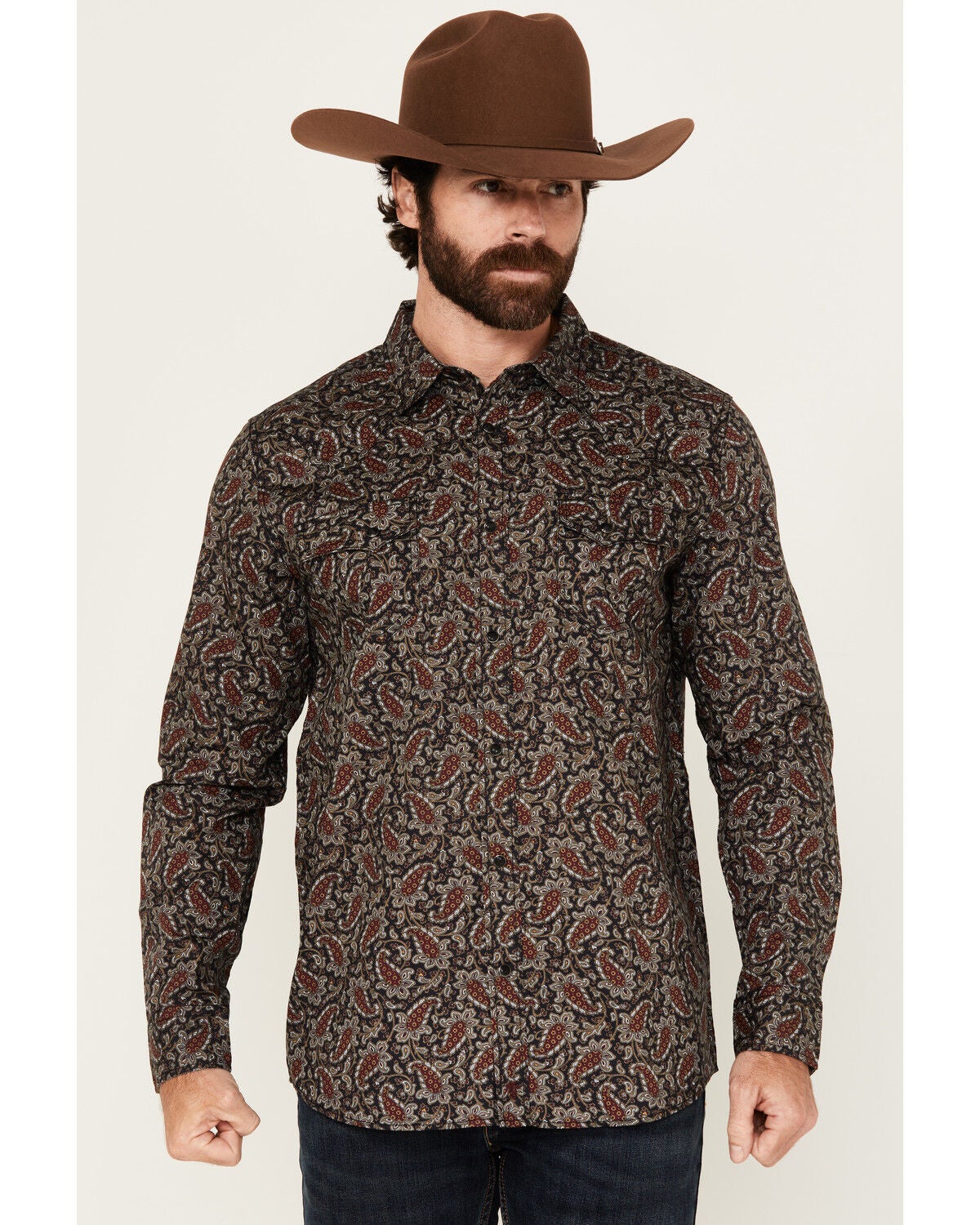 Moonshine Spirit&reg; Men's Pitch Floral Paisley Print Long Sleeve Snap Western Shirt, Black, hi-res