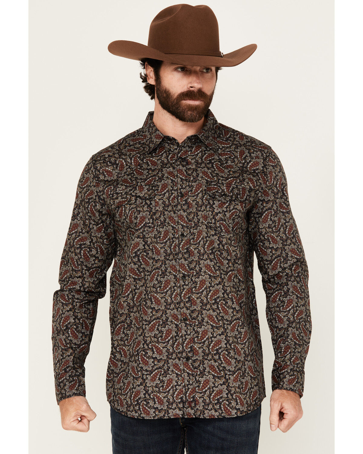 Image #1 - Moonshine Spirit Men's Pitch Floral Paisley Print Long Sleeve Snap Western Shirt, Black, hi-res