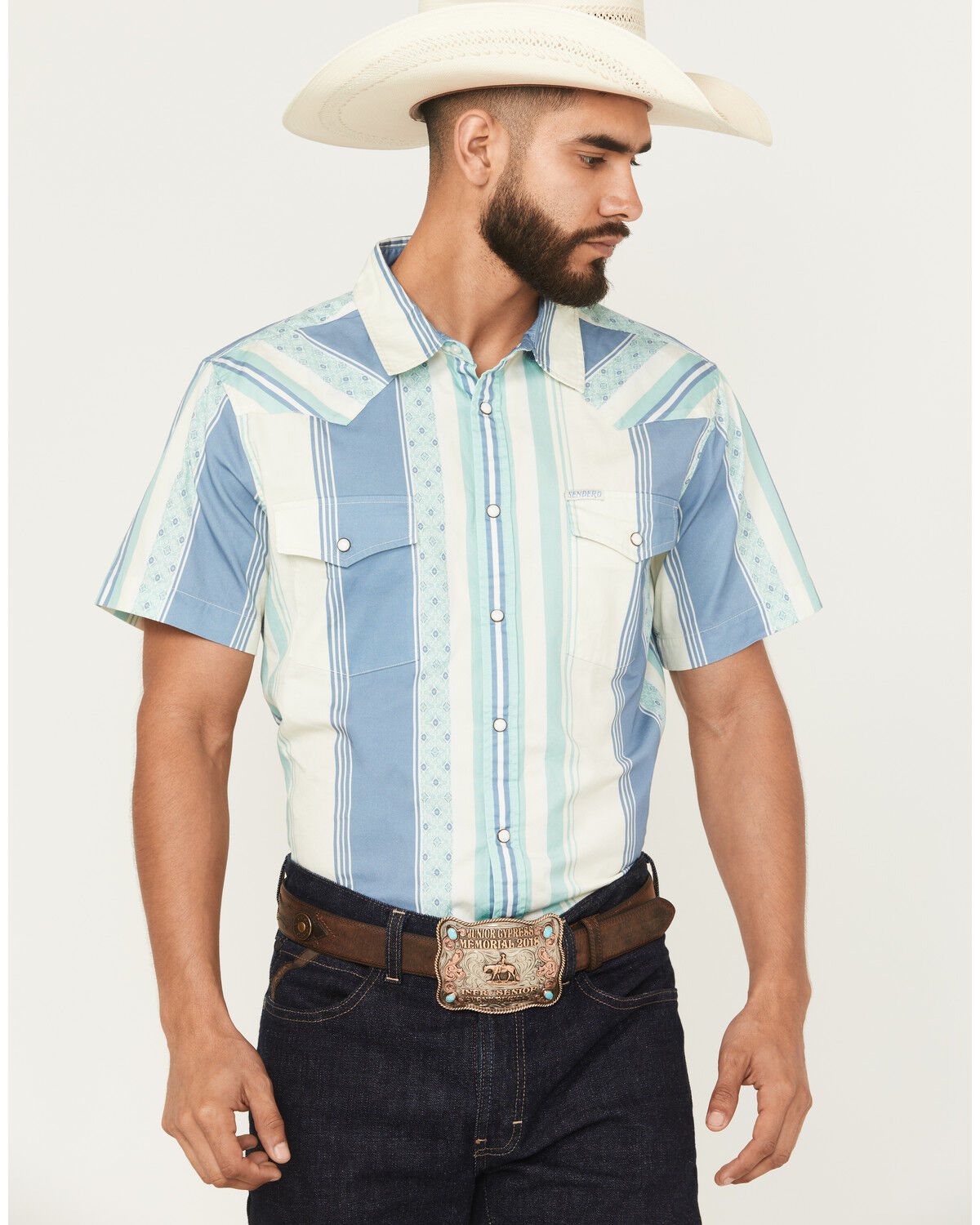 Image #1 - Sendero Provisions Men's Wyatt Serape Striped Print Short Sleeve Snap Western Shirt, Teal, hi-res