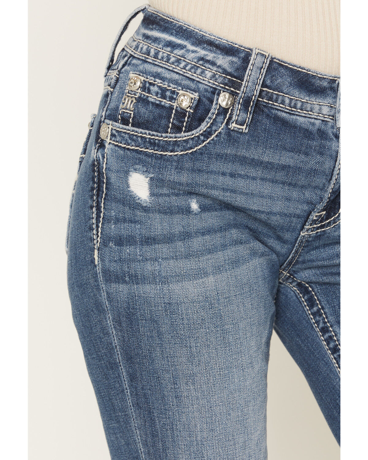 Image #4 - Miss Me Women's Medium Wash Mid Rise Americana Blowout 32" Bootcut Stretch Denim Jeans, Medium Wash, hi-res
